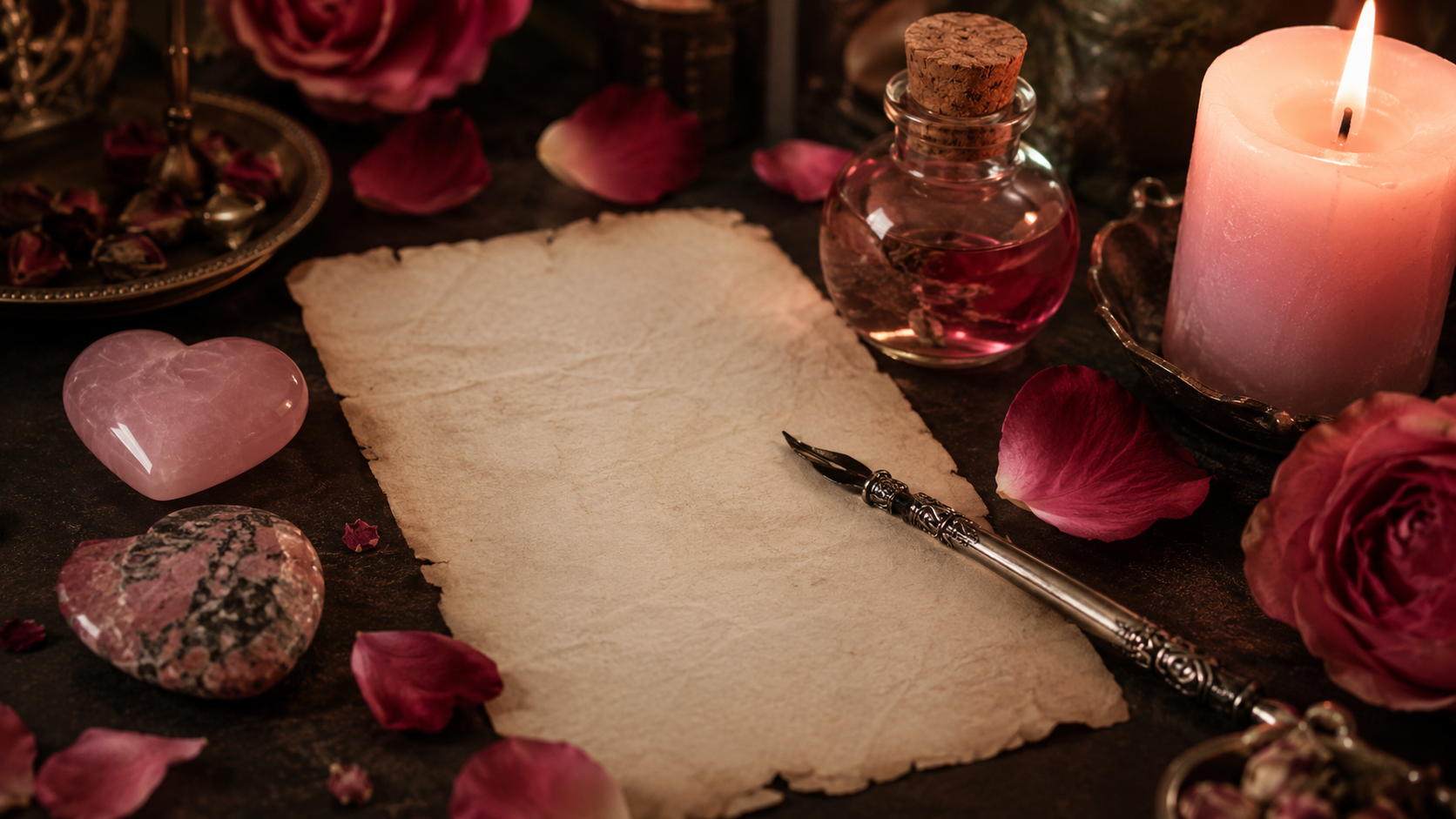 Blank parchment and ornate pen arranged with a pink candle, rose petals, love oil, rose quartz, and rhodonite for a paper love spell.