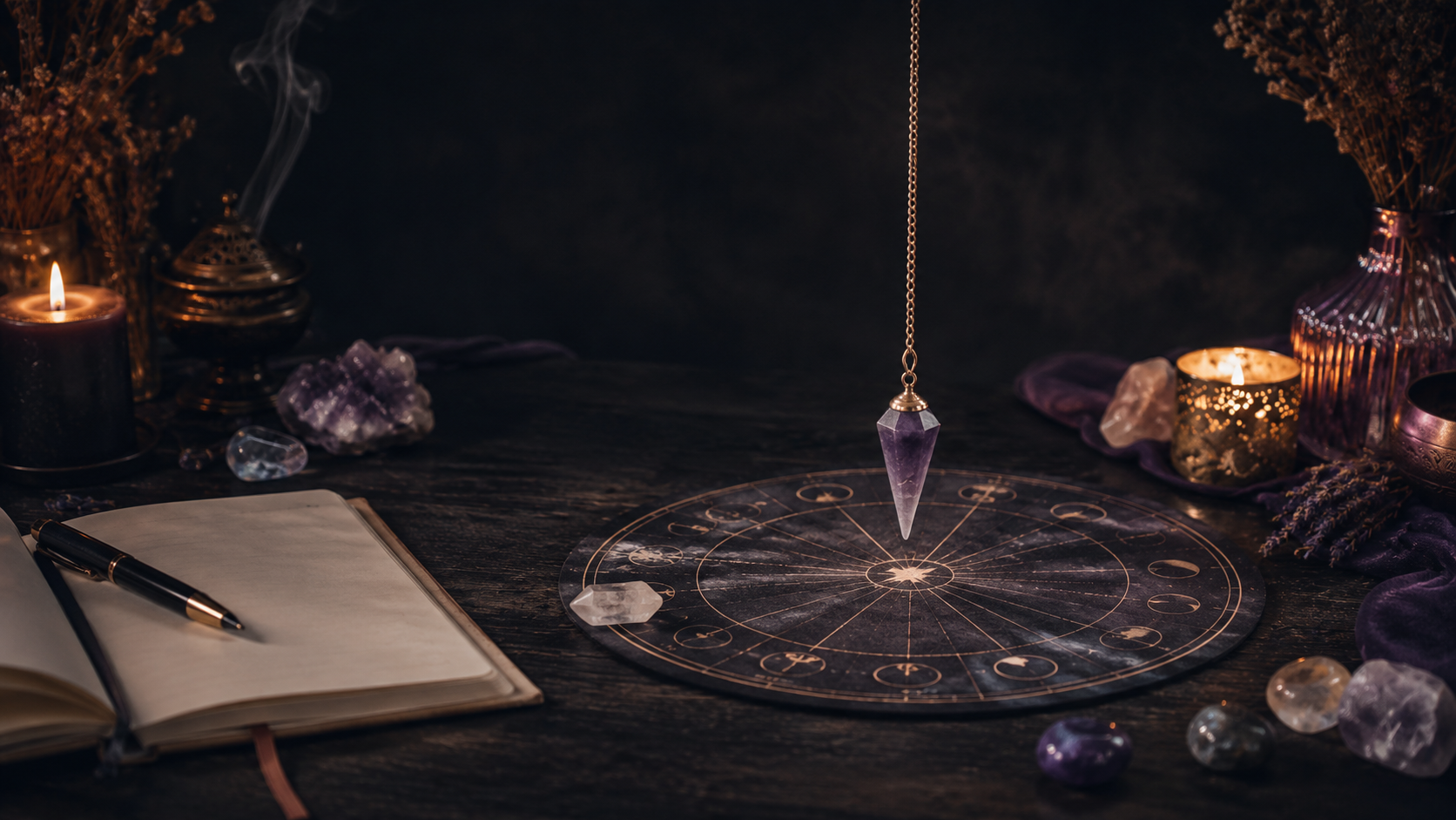 Amethyst pendulum suspended over a circular divination board beside an open practice journal, pen, candles, incense, and crystals.