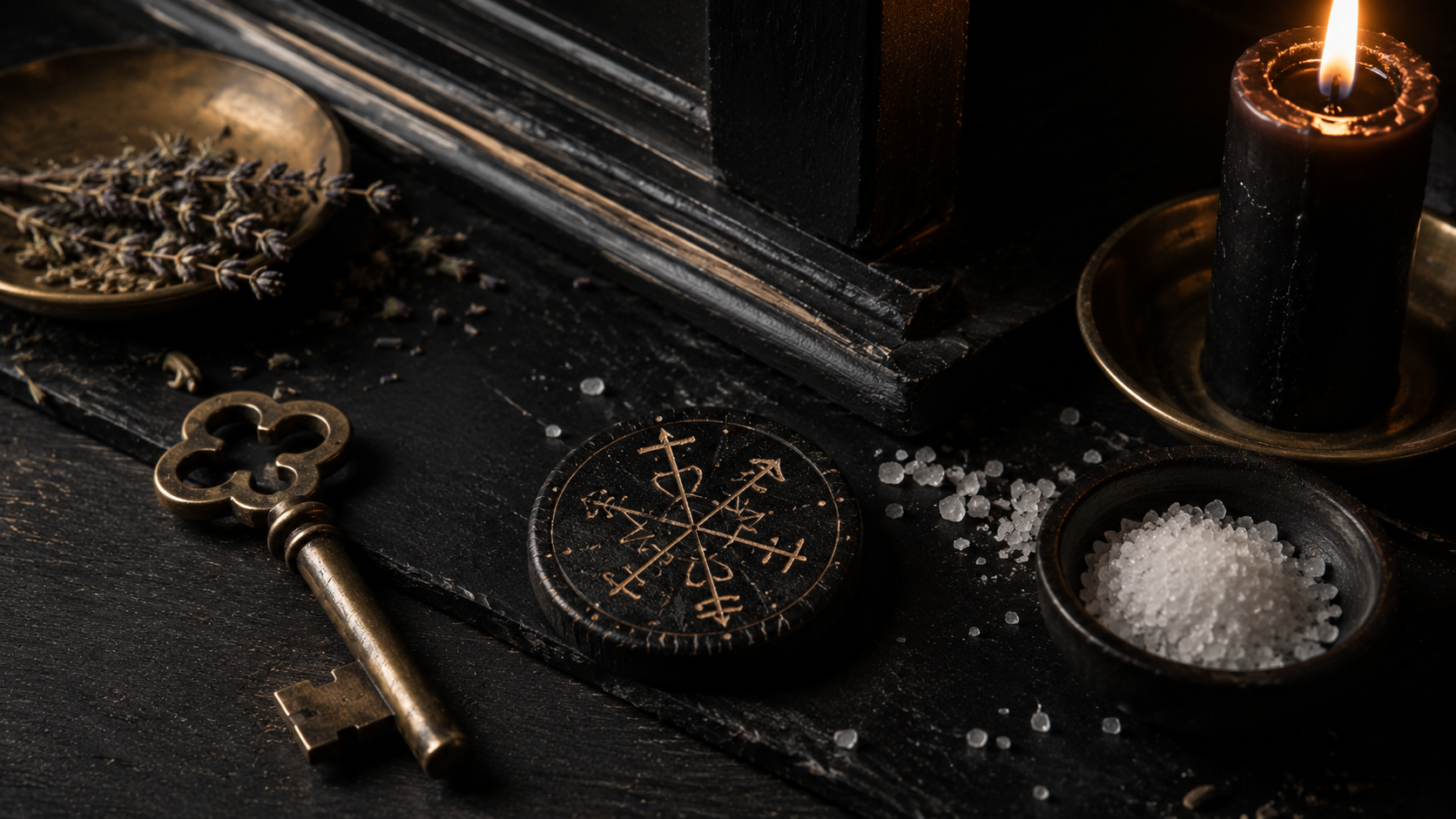 Protection sigils placed on a doorway, window, wallet, vehicle symbol, and household altar