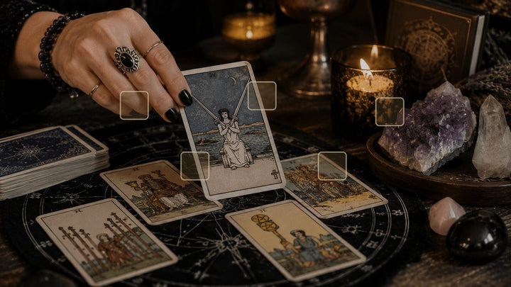 Elder Futhark rune reading setup with rune stones, candles, journal, and a quiet divination workspace