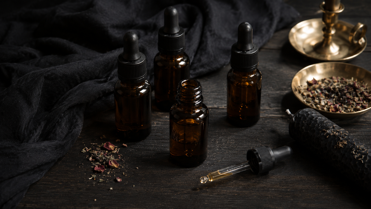 Amber ritual oil bottles, glass dropper, black candle, and dried herbs arranged on a dark wooden surface.