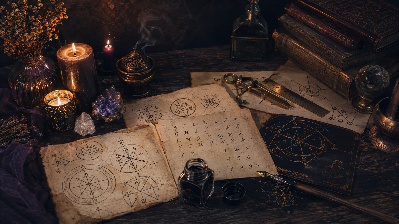 Alphabet wheels, numeric grids, letter reduction notes, and reusable sigil creation tools