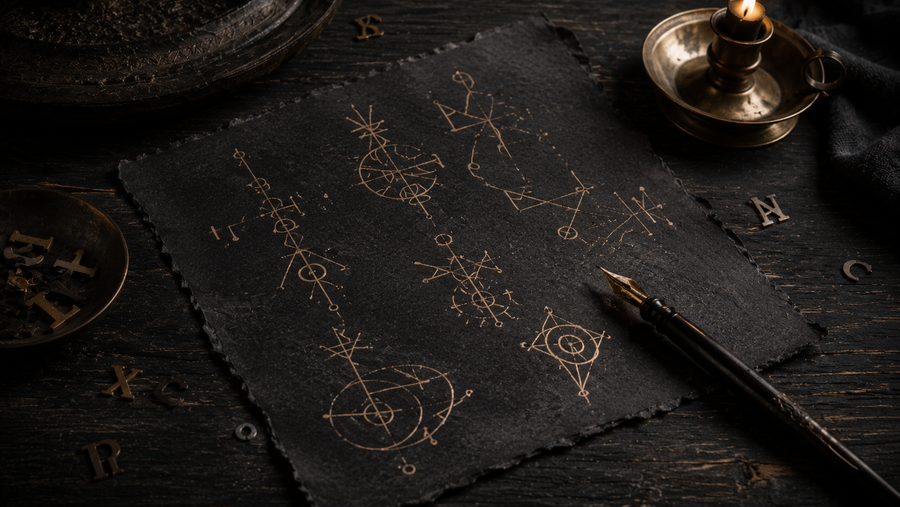 Sigil Forge Chaos Edition consonant board with reduced letters connected into an abstract personal sigil