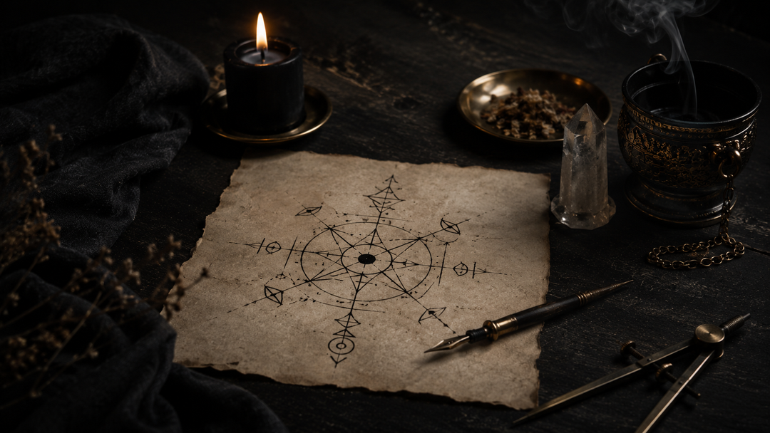 Hand-drawn sigil surrounded by paper, ink, candle, and symbolic ritual tools