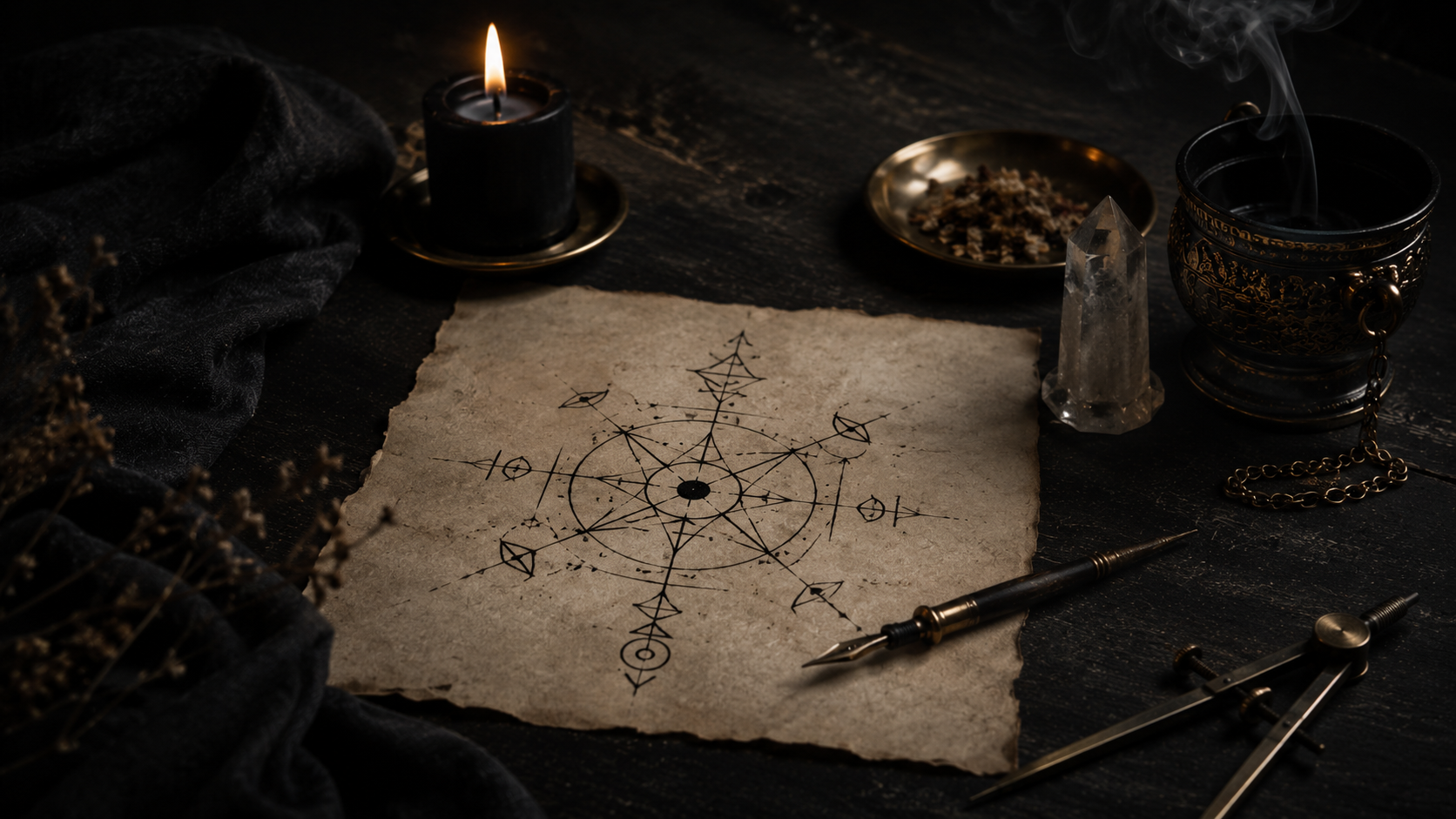 Hand-drawn sigil surrounded by paper, ink, candle, and symbolic ritual tools