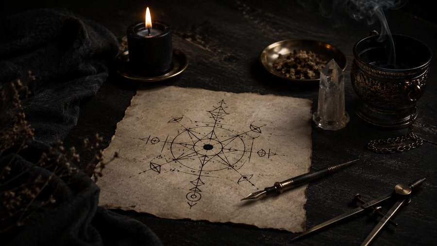 Hand-drawn sigil surrounded by paper, ink, candle, and symbolic ritual tools