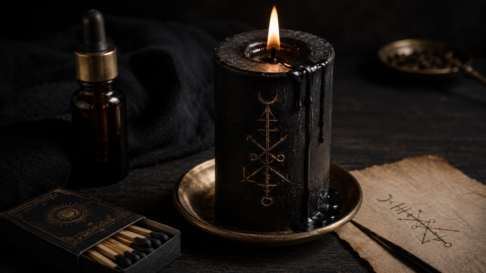 Sigil carved into a ritual candle beside a written petition and fire-safe candle holder