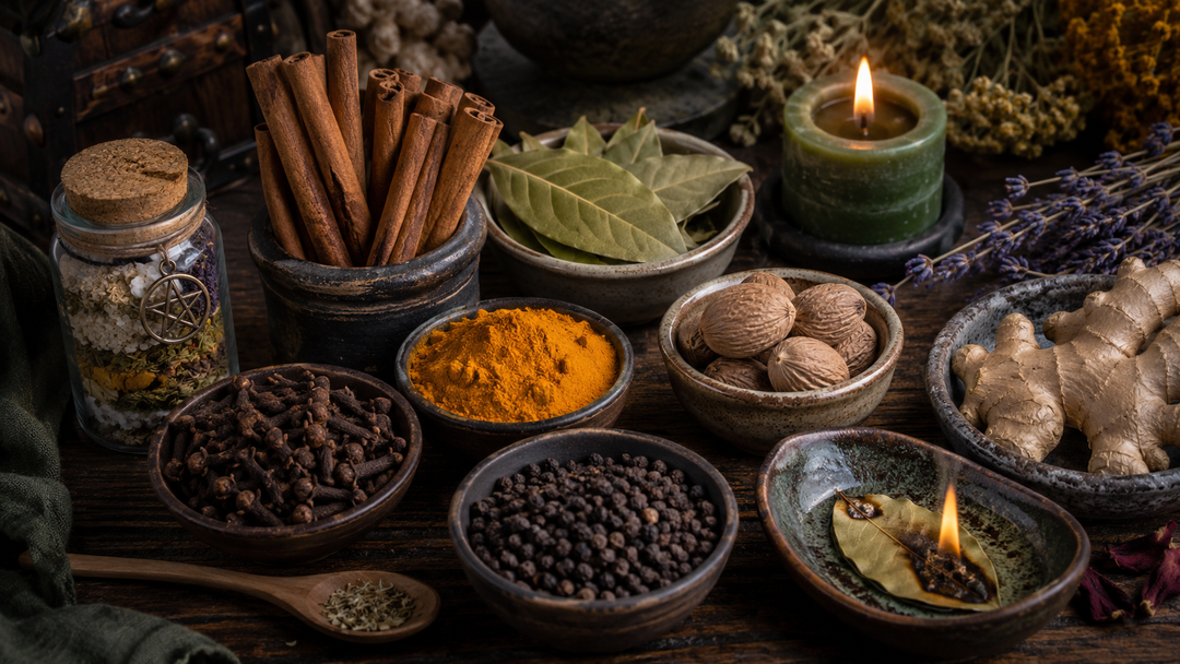 Cinnamon sticks, bay leaves, black pepper, cloves, nutmeg, turmeric, and ginger arranged for practical spice magic and spellwork.