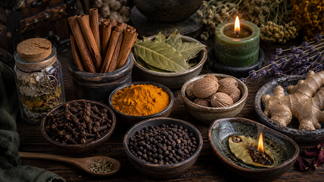 Cinnamon sticks, bay leaves, black pepper, cloves, nutmeg, turmeric, and ginger arranged for practical spice magic and spellwork.