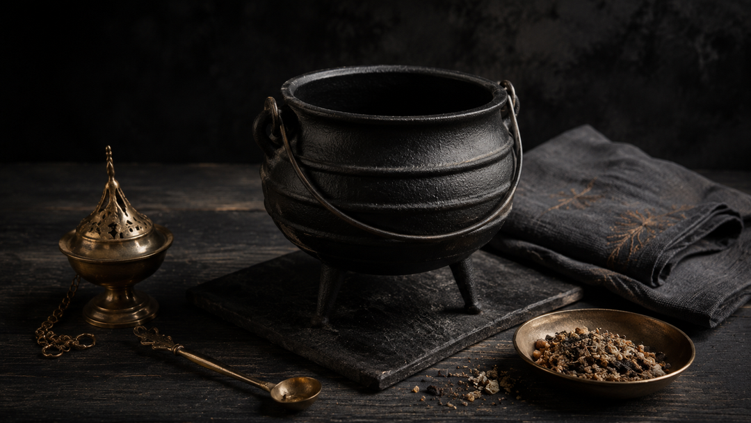 Black cast-iron cauldron on a heat-safe stone surface with a brass incense burner, spoon, and loose herbs.