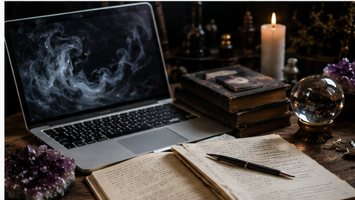 Occult researcher cross-checking information on a laptop with open reference books, notes, and a magnifying glass.