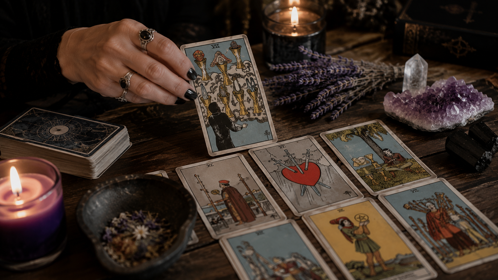 Hand drawing another tarot card from a crowded spread beside candles and crystals.