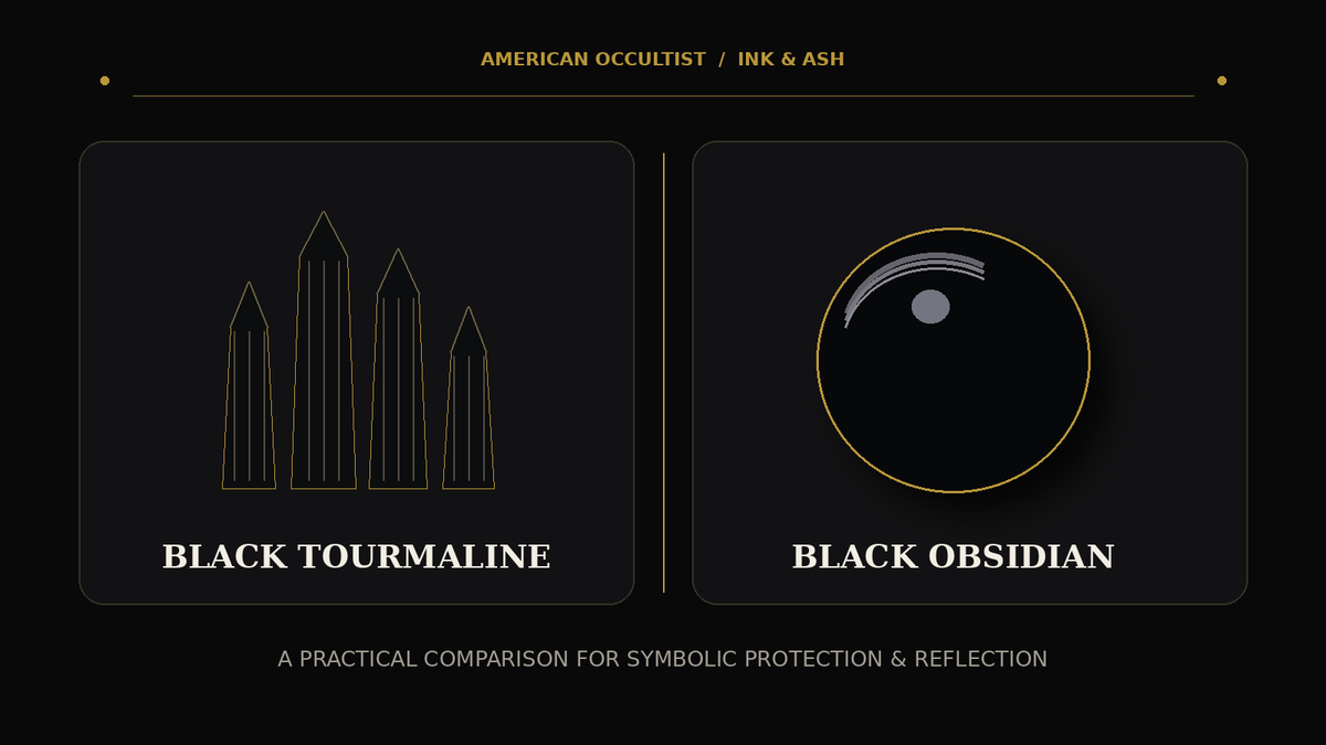 Editorial comparison graphic showing stylized black tourmaline crystals and polished black obsidian for a practical symbolic protection and reflection guide.