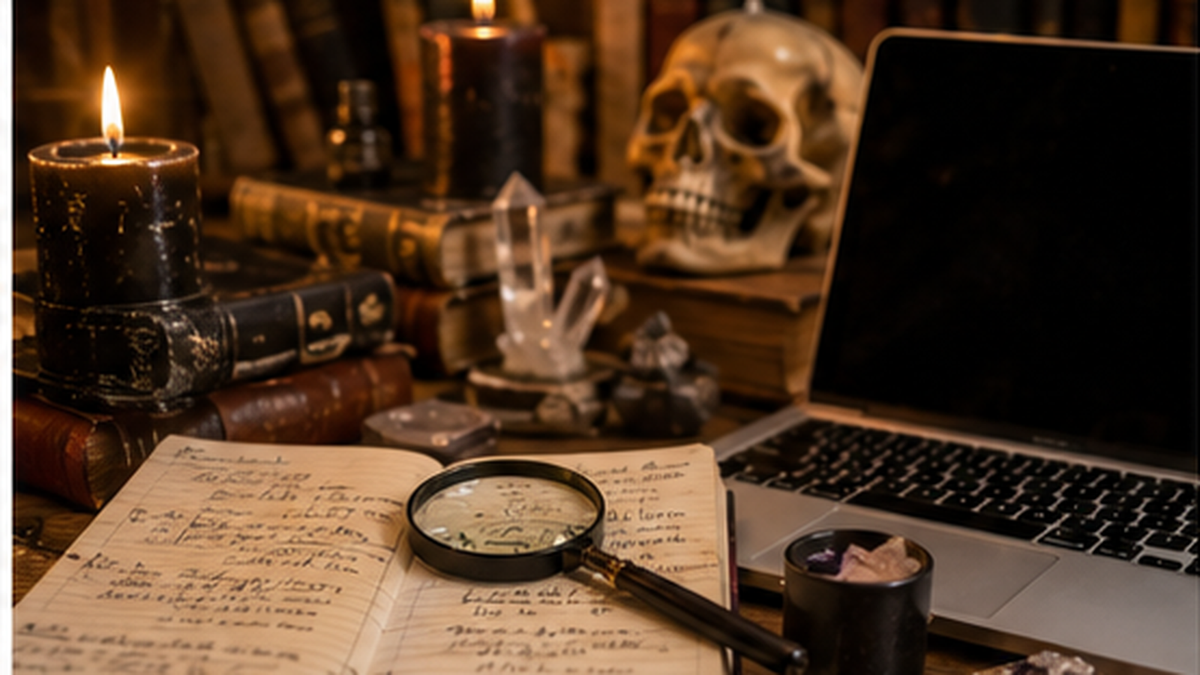 Laptop, magnifying glass, notes, and mineral specimens arranged for evaluating crystals before buying online.