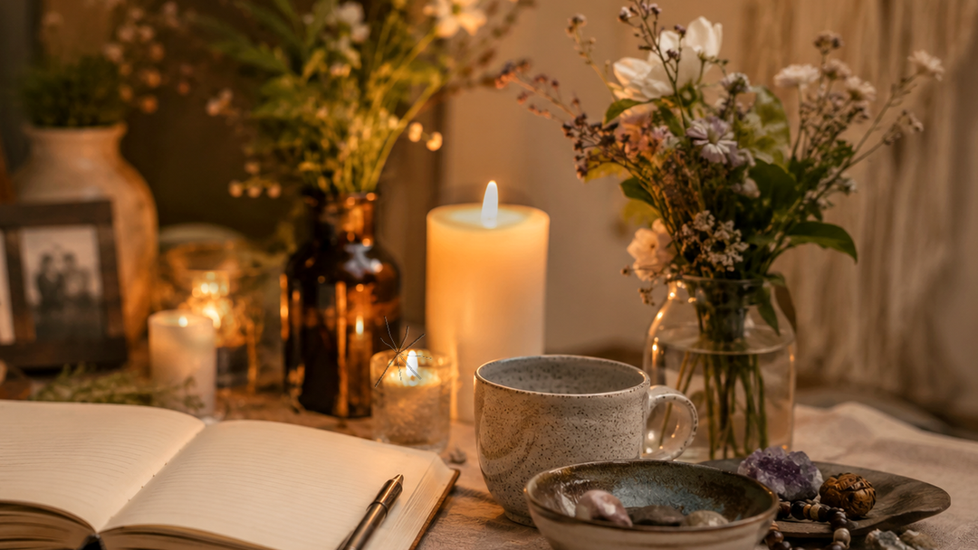 Several candles showing dark soot, uneven wax tunneling, a weak flame, and cracked glass on a ritual table.