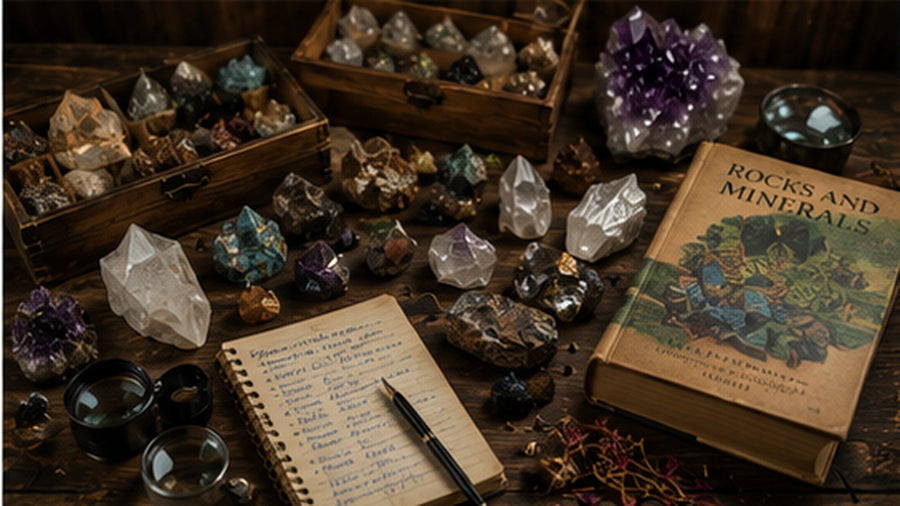 Carefully selected crystals arranged with a small gift box for choosing a thoughtful mineral gift.