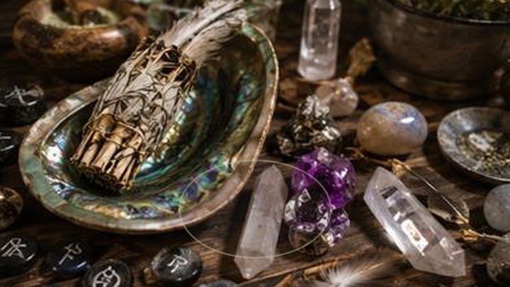 A ritual bowl centered on a prepared altar table with nearby tools for offerings, water, salt, or scrying.