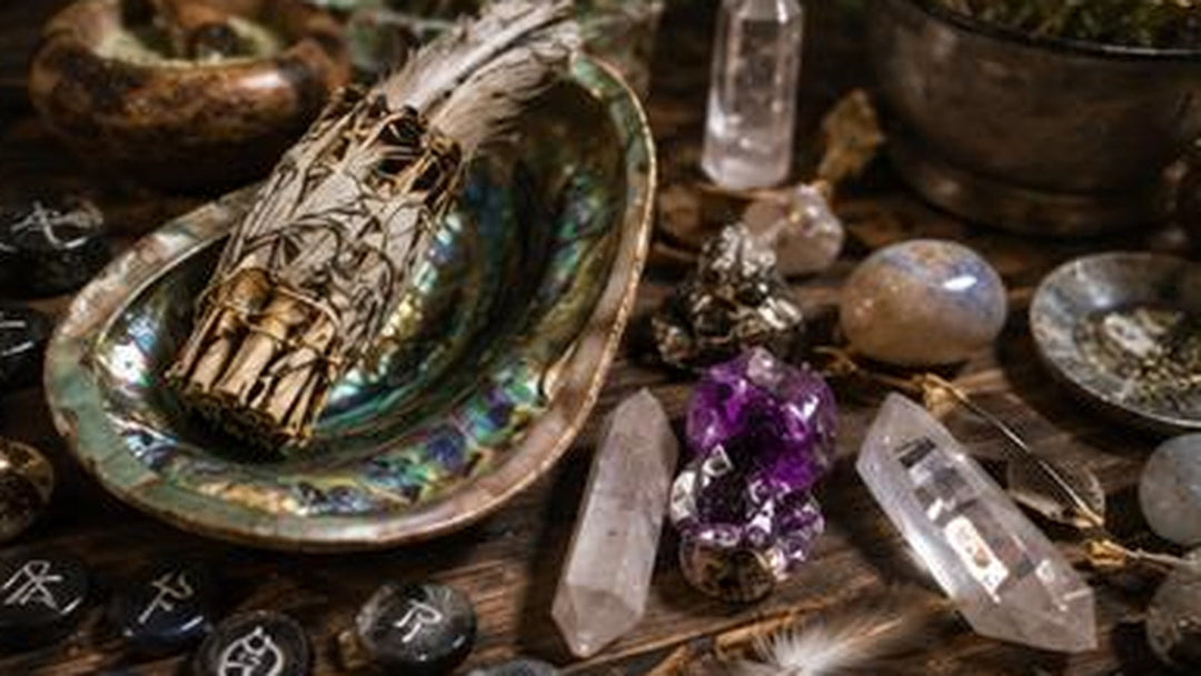 Ritual tools, herbs, ash, candles, and crystals arranged for careful cleanup after a working.