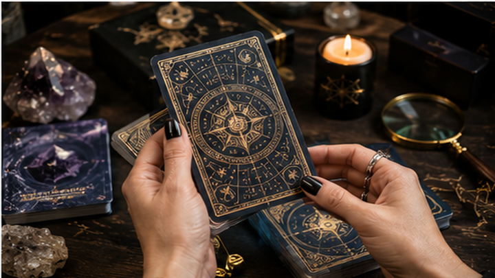 Hands inspecting an unbranded tarot deck beside a magnifying glass, crystals, and candlelight.
