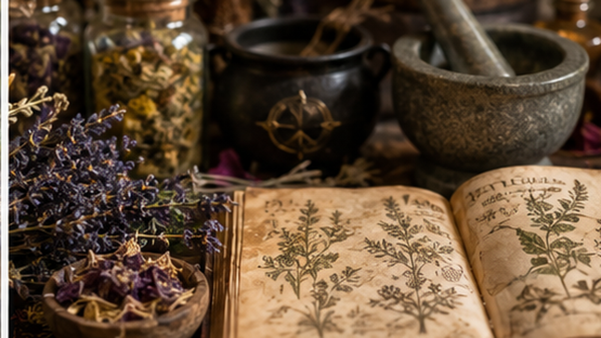 Minerals, dried botanicals, jars, and a mortar arranged to illustrate safe preparation concerns around crystal elixirs.