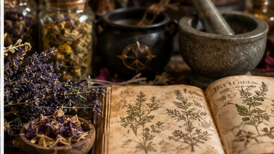 Minerals, dried botanicals, jars, and a mortar arranged to illustrate safe preparation concerns around crystal elixirs.
