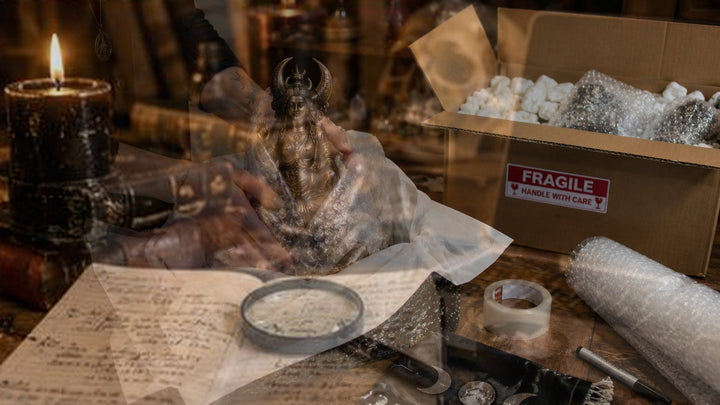 Books, ritual objects, and a carefully handled statue representing thoughtful study across different pantheons.