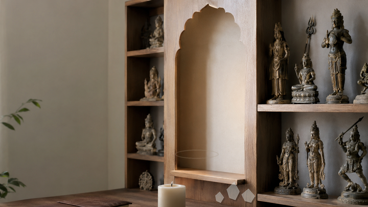 Empty altar niche with small broken crystal fragments on the table below, suggesting a lost or damaged stone.