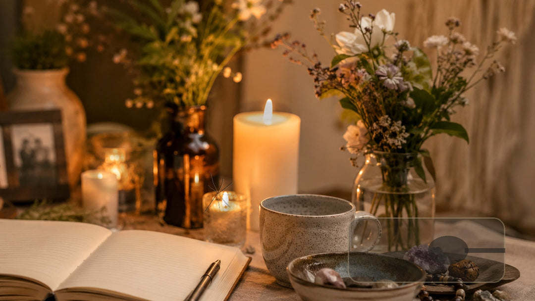 Candles arranged on a ritual table with a heat-safe surface and extinguishing tool for fire safety.
