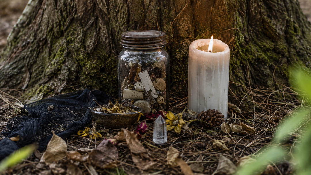 Weathered ritual jar, candle, dried flowers, and crystals found at the base of a tree outdoors.