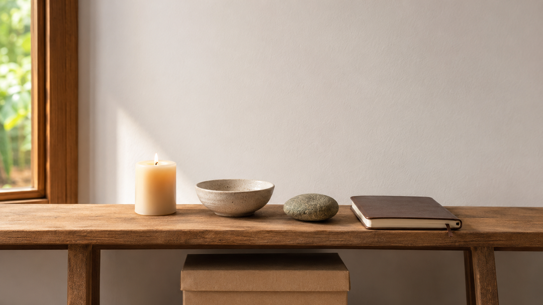 Small discreet home altar with a candle, offering bowl, stone, and journal in a bright apartment.
