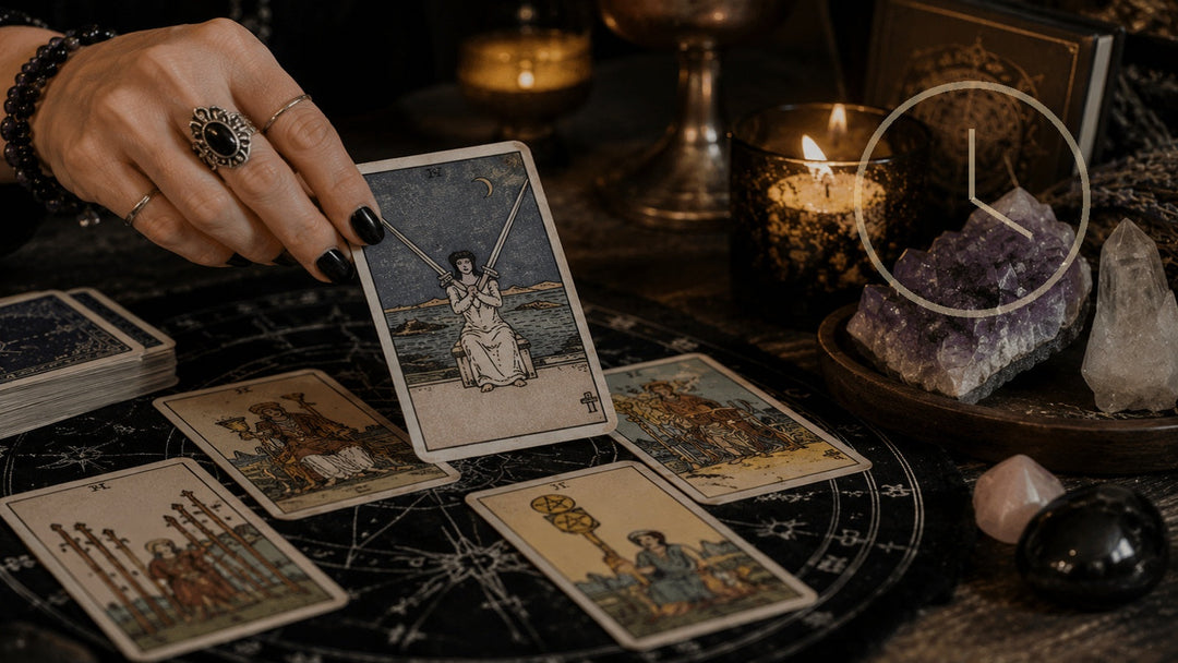 Tarot reading table with a subtle clock motif representing healthy timing between readings.