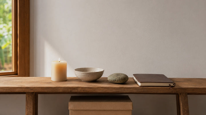 A small low-effort seasonal altar in a cozy home setting with simple objects and gentle candlelight.