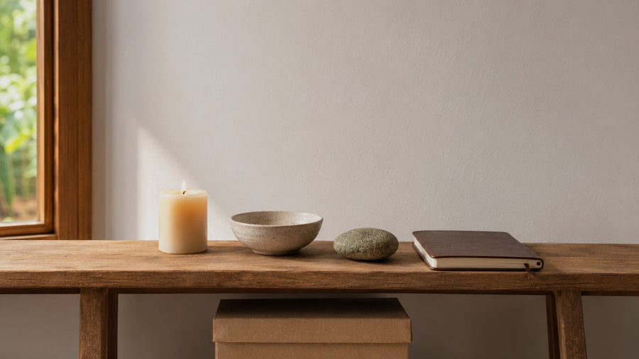 A small low-effort seasonal altar in a cozy home setting with simple objects and gentle candlelight.