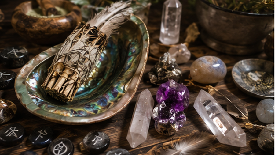 Varied crystal and mineral specimens arranged with collecting tools to represent common specimen types and terminology.