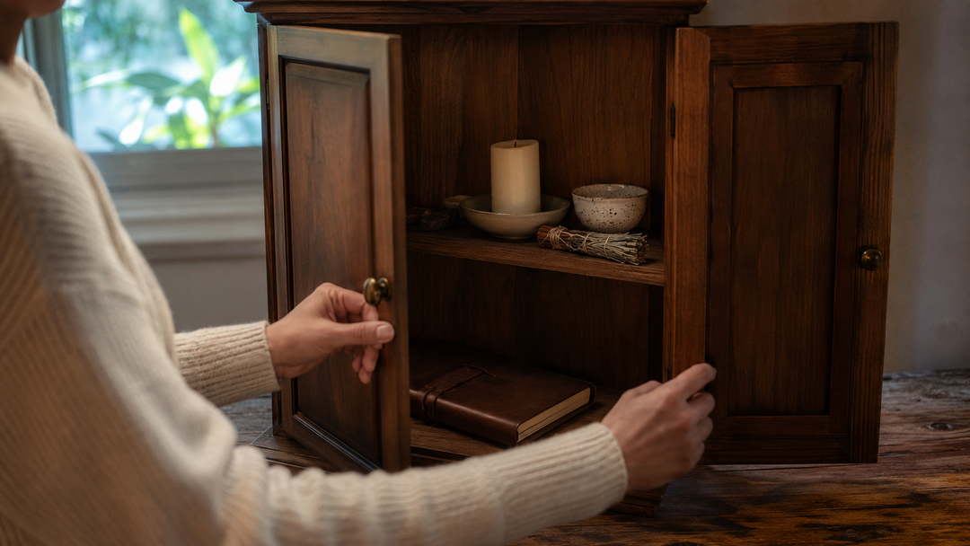 Person carefully closing a wooden home shrine containing a candle, offering bowl, herbs, and journal before moving it.