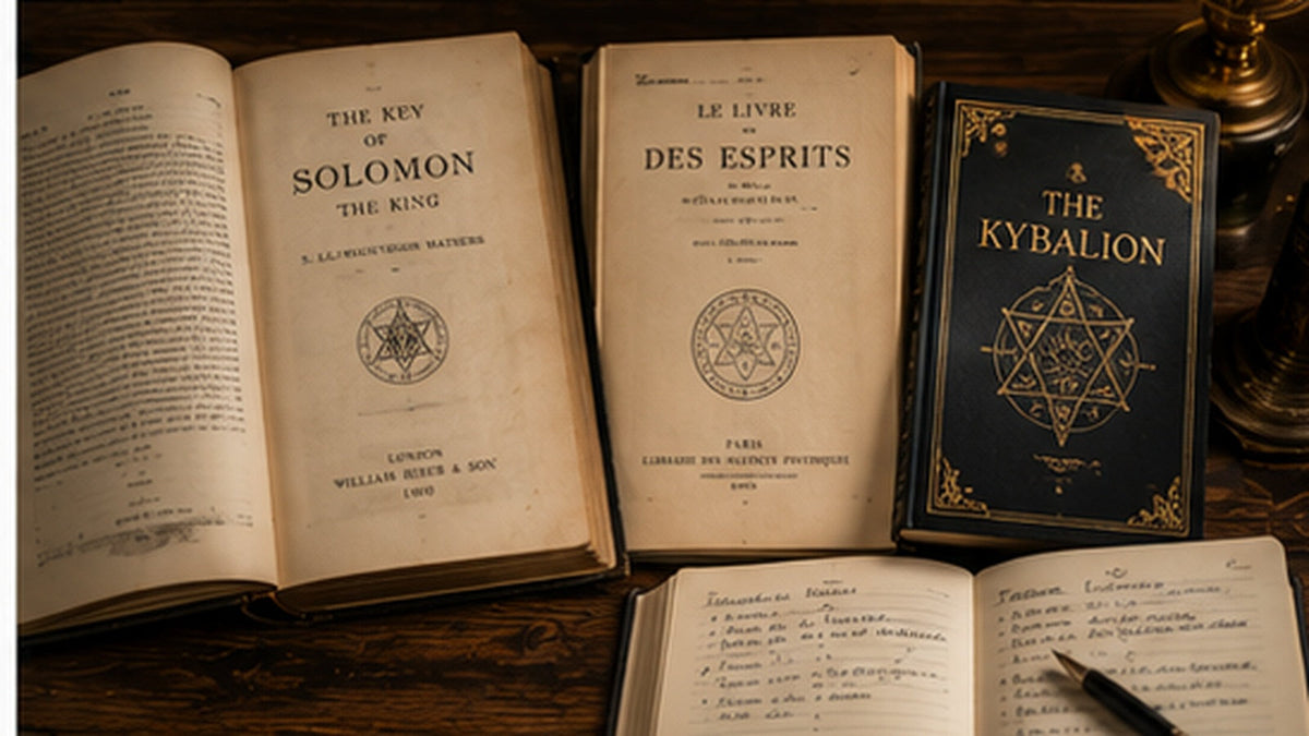 Open occult books and study materials arranged for a small spiritual workshop or classroom setting.