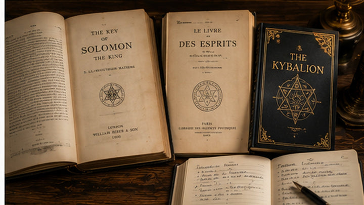 Open occult books and study materials arranged for a small spiritual workshop or classroom setting.