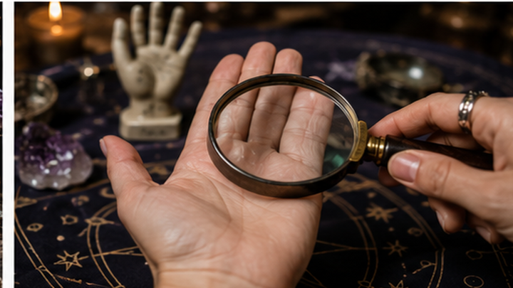 Open palm being examined with a magnifying glass on a candlelit palmistry table with crystals.