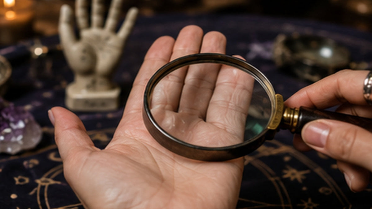 Open palm and magnifying glass arranged in a calm palmistry setting for a first reading.