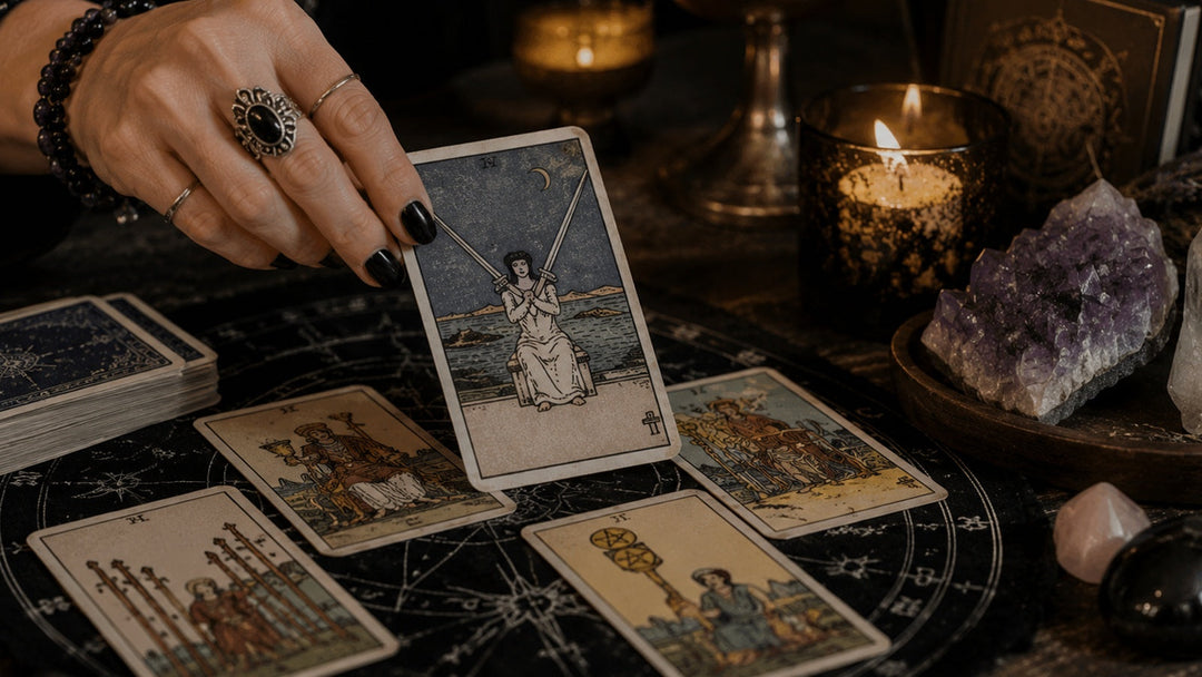 Reader drawing a tarot card at a candlelit table while preparing for a first tarot session.