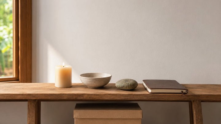 A calm shared ritual space arranged with clear walking room, ventilation, seating, and a simple central setup.
