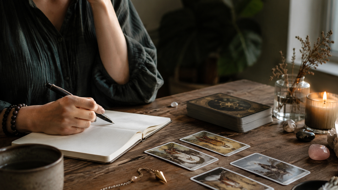 Person recording a vivid dream in a blank journal beside tarot cards and crystals in soft morning light.
