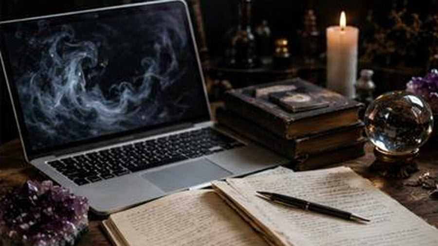Laptop, open reference notebook, pen, and crystals arranged for reviewing gem laboratory documentation.