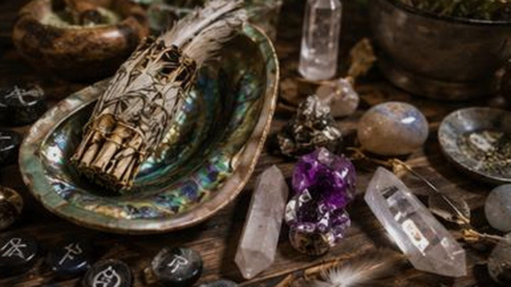 Secondhand ritual tools arranged on a wooden table for careful inspection, cleaning, and evaluation.