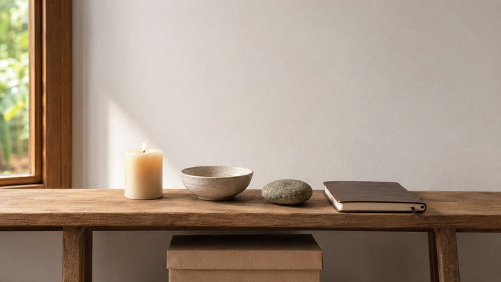 Simple symbolic altar with a candle, bowl, stone, and journal arranged without deity imagery.