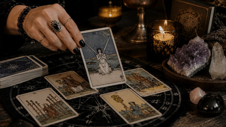 Tarot cards spread across a candlelit reading table for considering jumpers, reversals, and reading rules.