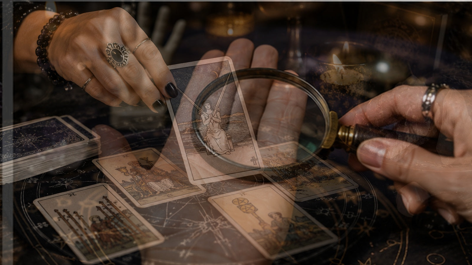 Tarot cards and an examined palm presented together for comparing tarot and palm readings.