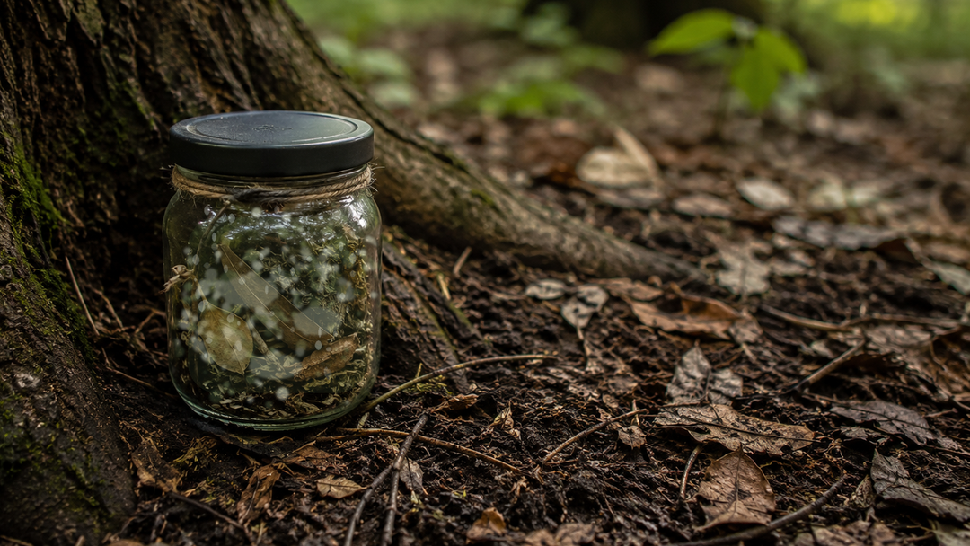 Sealed spell jar containing damp herbs, visible mold growth, and condensation beside a tree outdoors.