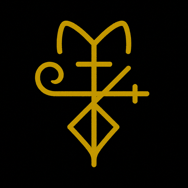 A golden sigil for “Kitchen Witchcraft 101: Everyday Recipes and Rituals for Home Magic,” featuring intersecting lines, a diamond base, curving strokes, and cat-ear-like loops at the top, all on a black background.