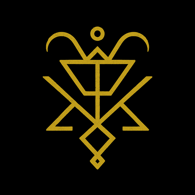 A golden sigil for “LaVeyan Satanism: Inside the Church of Satan’s Atheistic Philosophy,” featuring angular and curved elements forming a symmetrical structure with triangles, diagonal cross lines, and a small central circle, all on a black background.